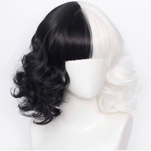 Short Curly Half Black And Half White Wig Wavy Shoulder Length Synthetic Cosplay